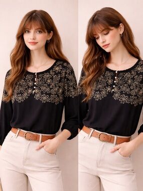 J. Jill Black Gold Embroidered Floral Boho CottageCore Blouse Size M